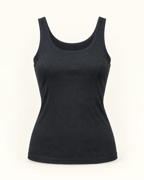 Fitted scoop neck tank in black, front view