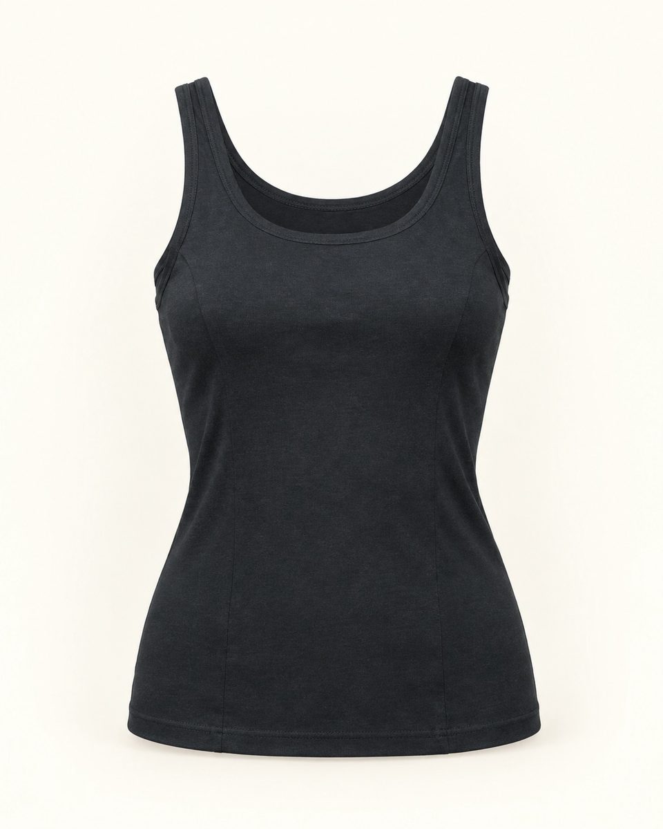 Fitted scoop neck tank in black, front view