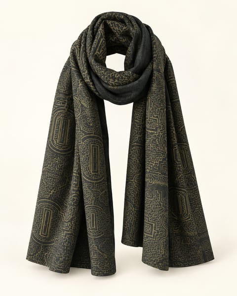 Geometric scarf in olive / charcoal, front view