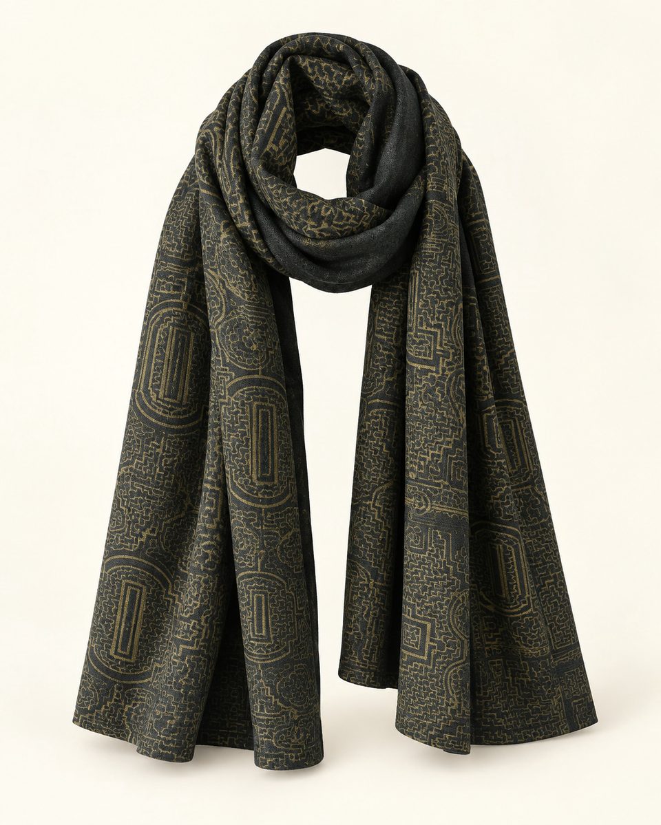 Geometric scarf in olive / charcoal, front view
