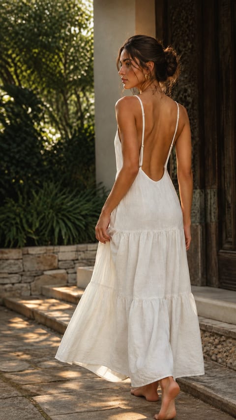Low-back cream dress in a shaded courtyard