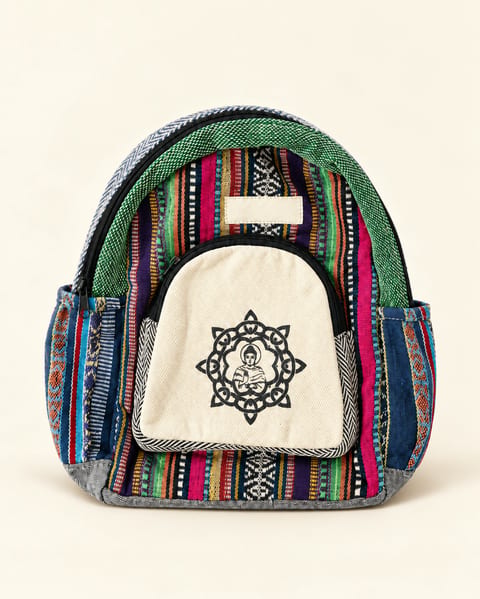 Striped mandala backpack in multicolor, front view