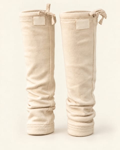 Drawstring leg warmers in ivory, front view