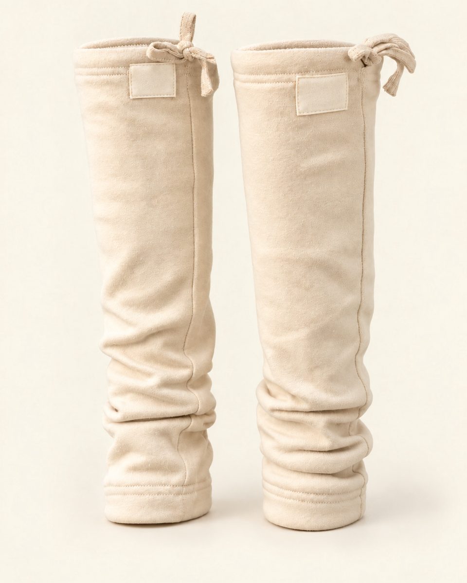 Drawstring leg warmers in ivory, front view