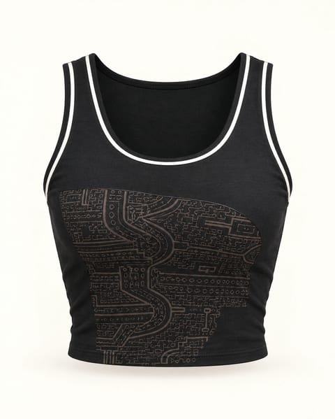 Piped pattern crop top in black / white, front view