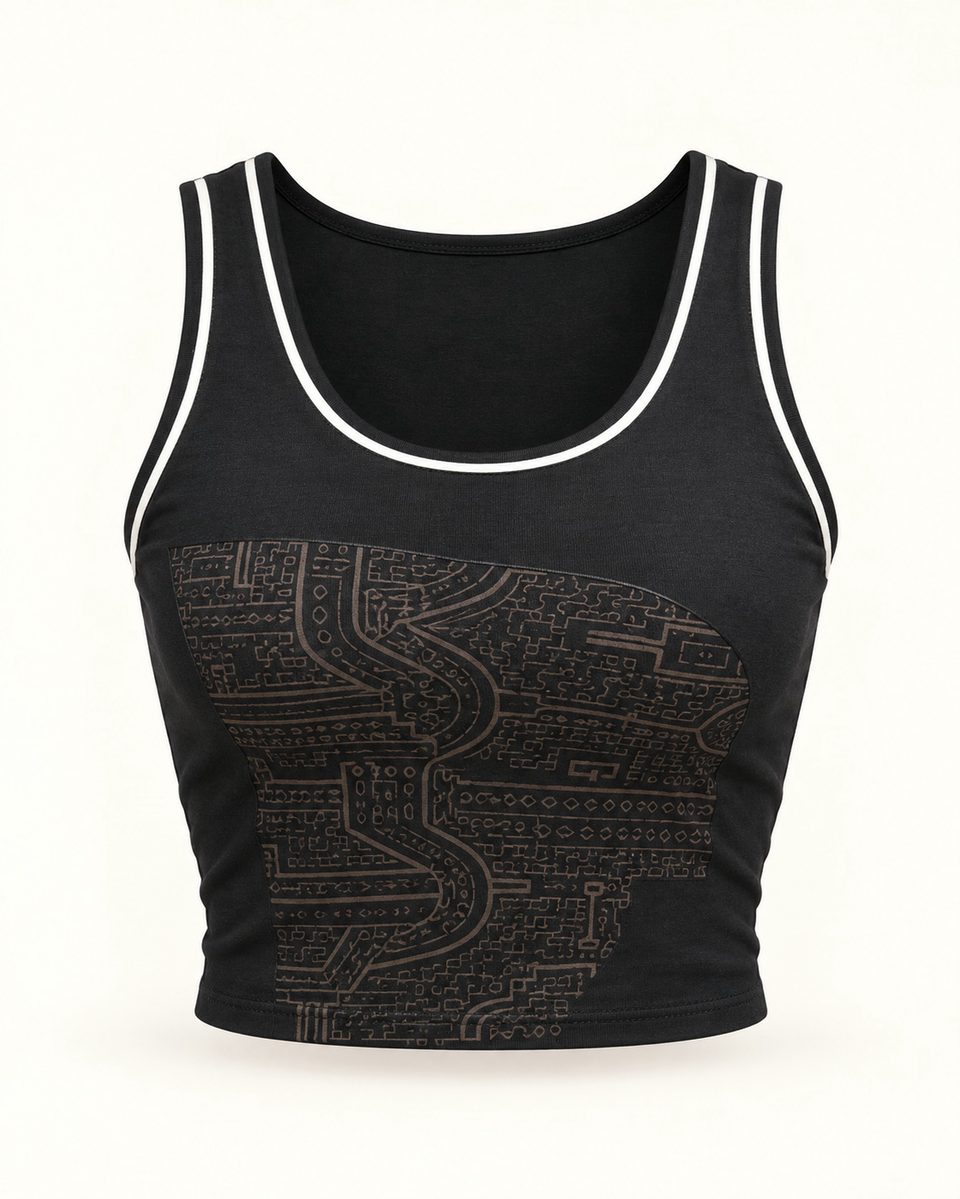 Piped pattern crop top in black / white, front view