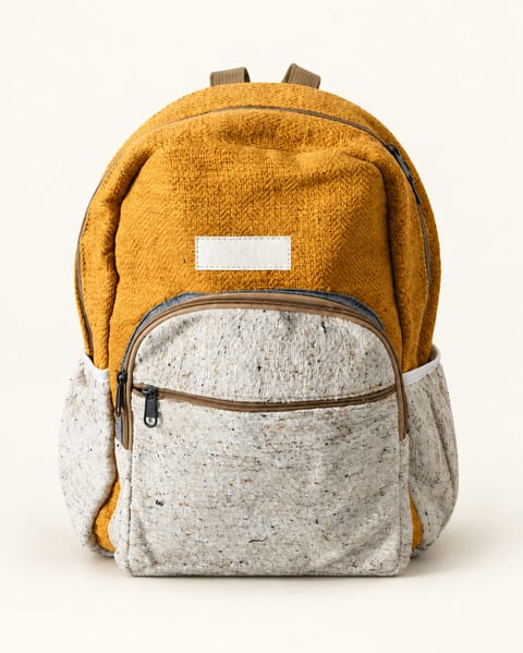Two tone backpack in mustard / grey, front view