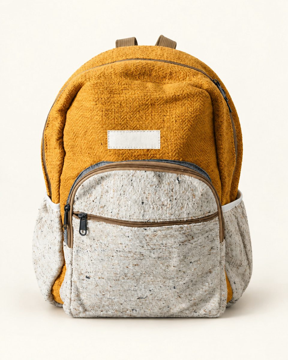 Two tone backpack in mustard / grey, front view
