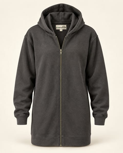 Longline zip hoodie in charcoal, front view