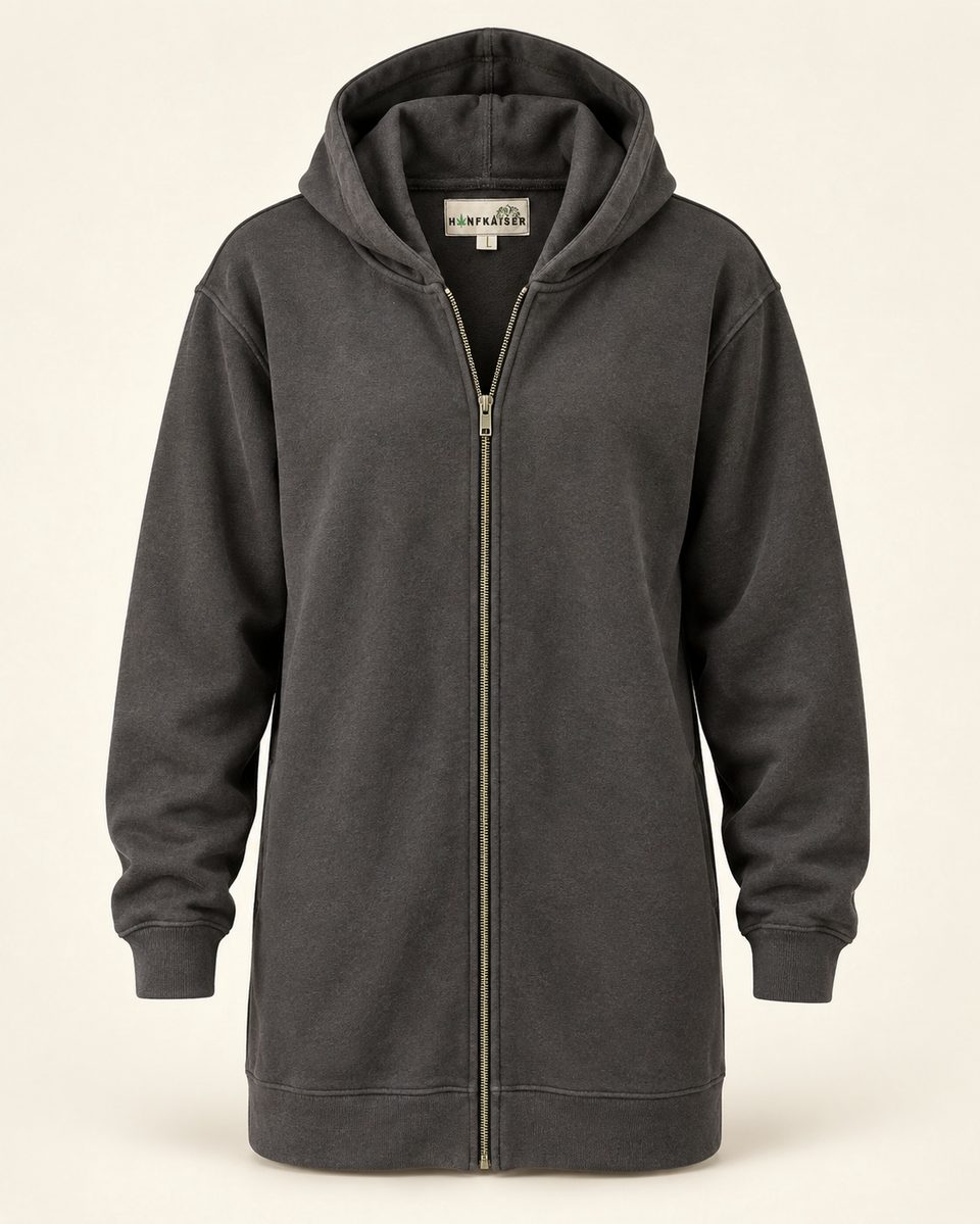 Longline zip hoodie in charcoal, front view