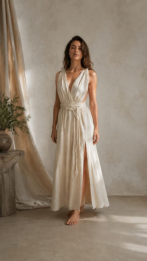 Draped cream dress with braided rope belt