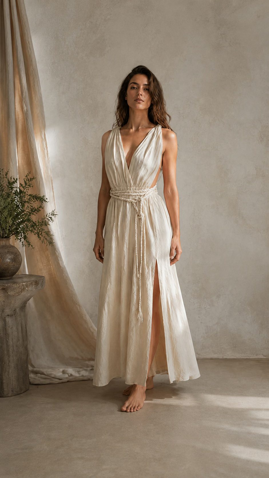Draped cream dress with braided rope belt