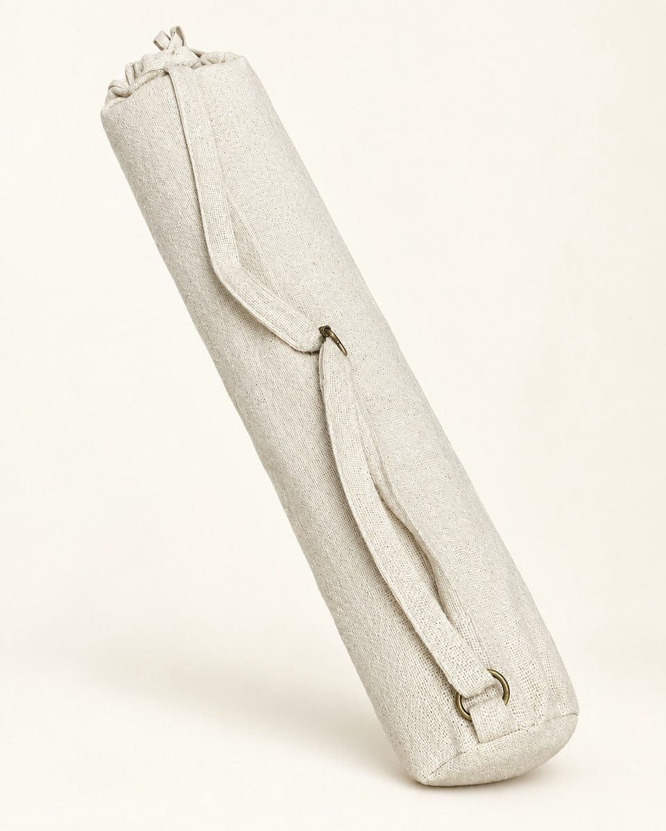 Canvas yoga mat bag in natural, front view