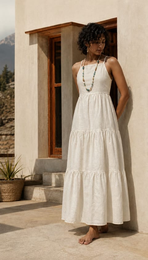Cream tiered dress in warm mountain sunlight