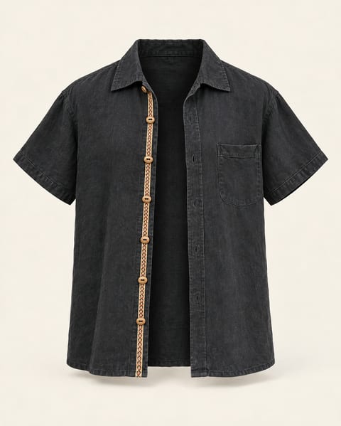 Pattern placket short sleeve shirt in charcoal, front view