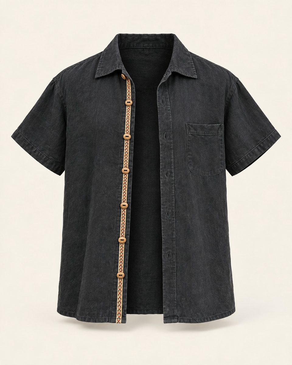 Pattern placket short sleeve shirt in charcoal, front view