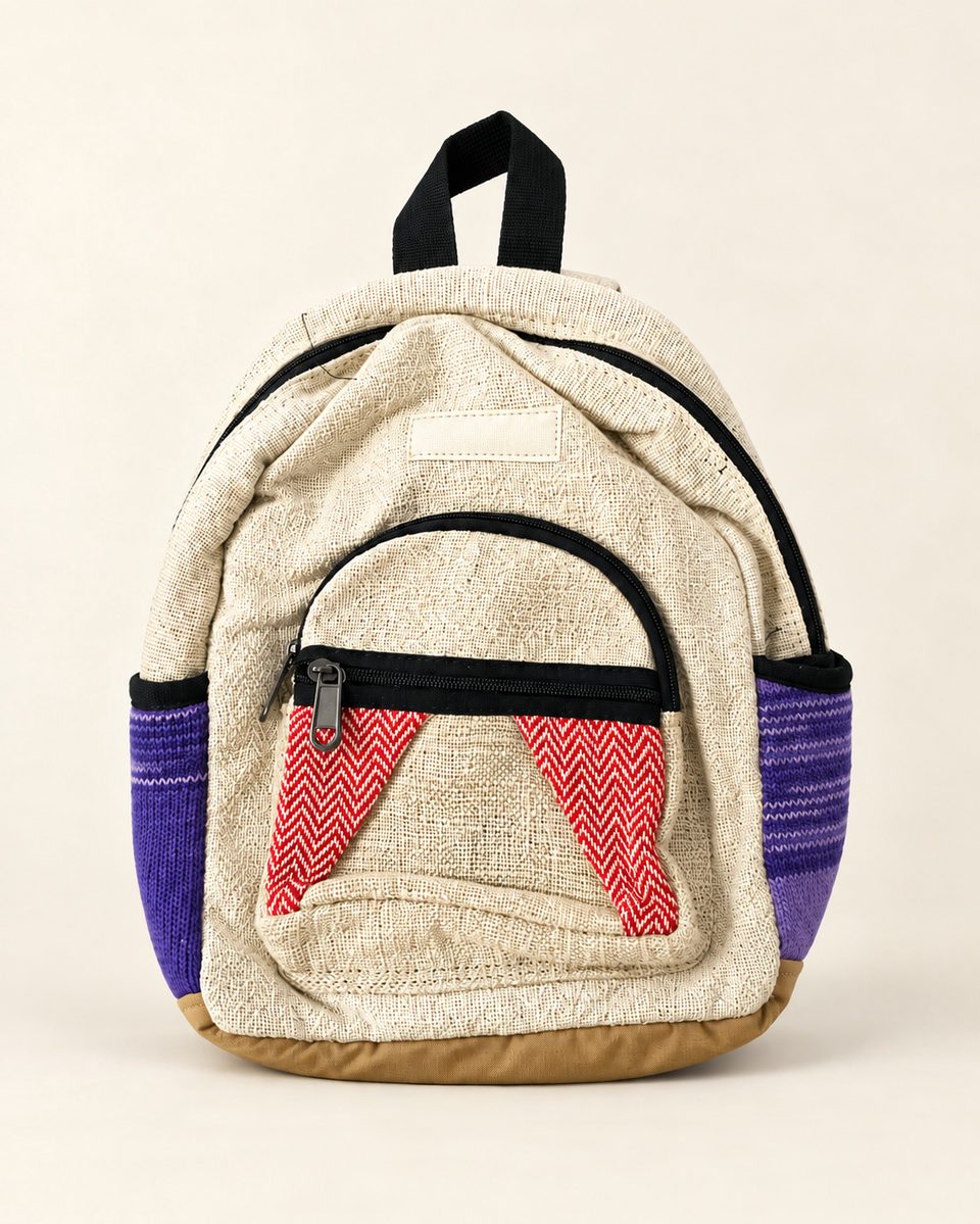 Side pocket backpack in natural / purple, front view