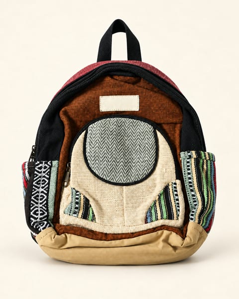 Patchwork round pocket backpack in dark, front view