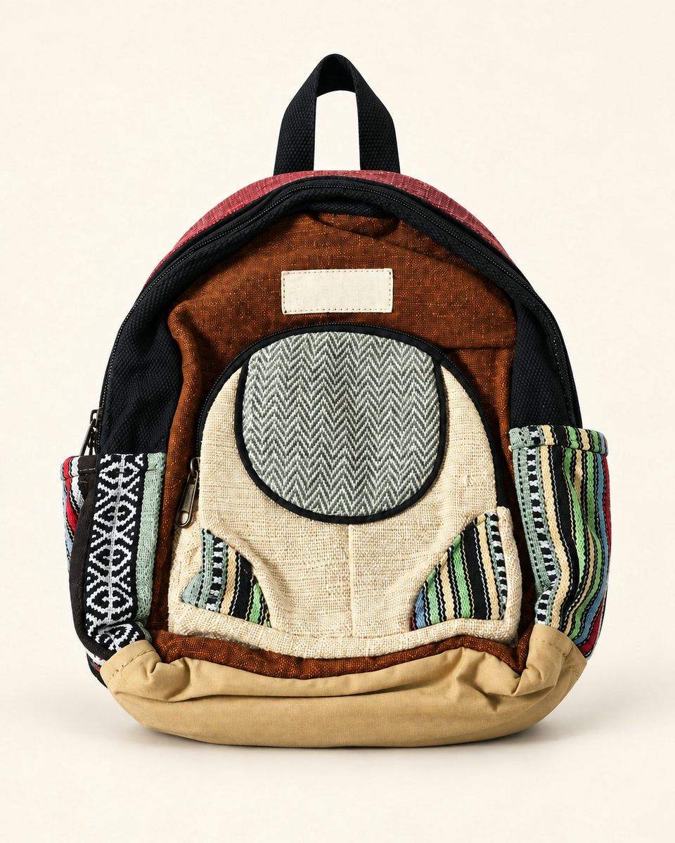 Patchwork round pocket backpack in dark, front view