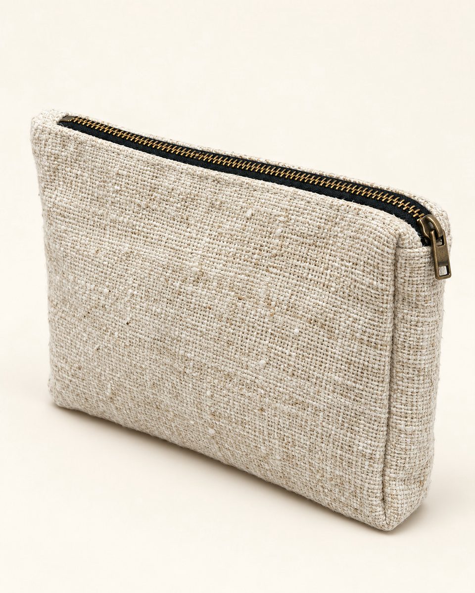 Hemp zip pouch in natural, front view