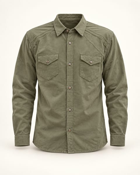 Utility button shirt in olive, front view