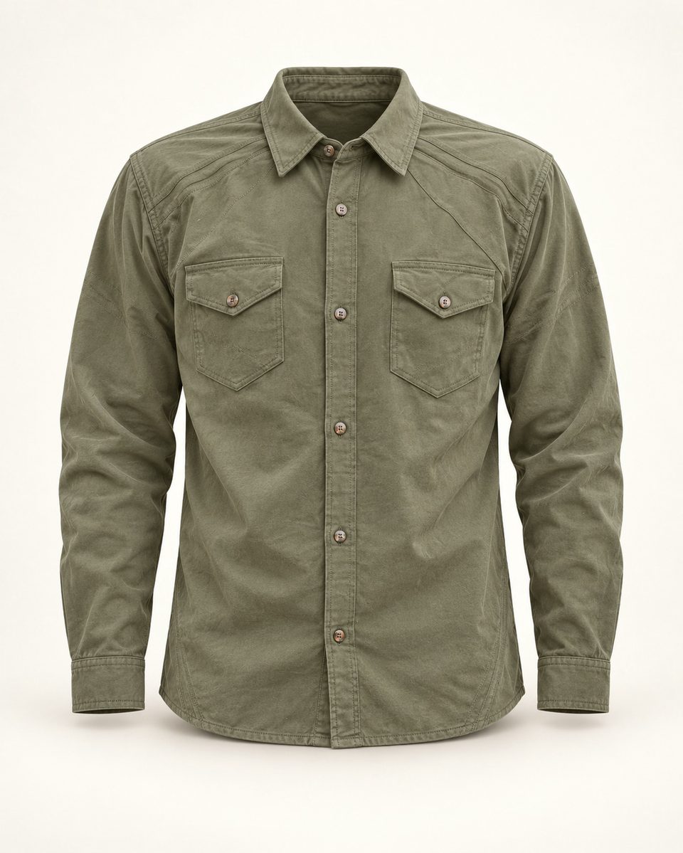 Utility button shirt in olive, front view