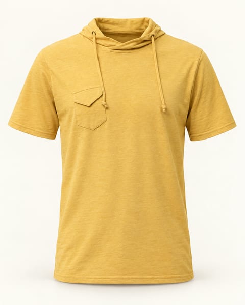 Short sleeve cowl hoodie in mustard, front view