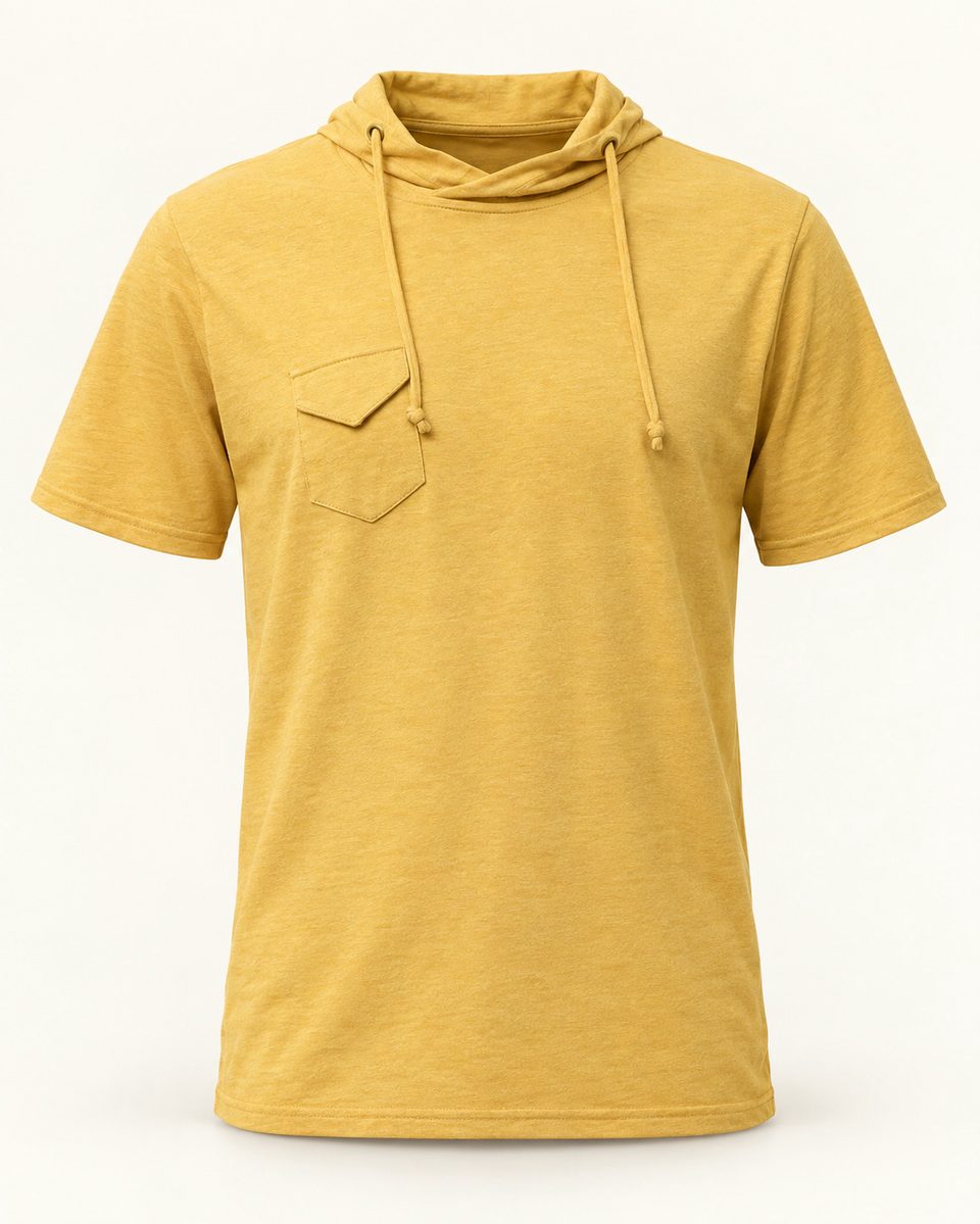 Short sleeve cowl hoodie in mustard, front view