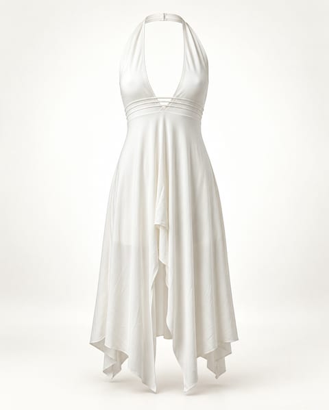 Halter draped dress in ivory, front view