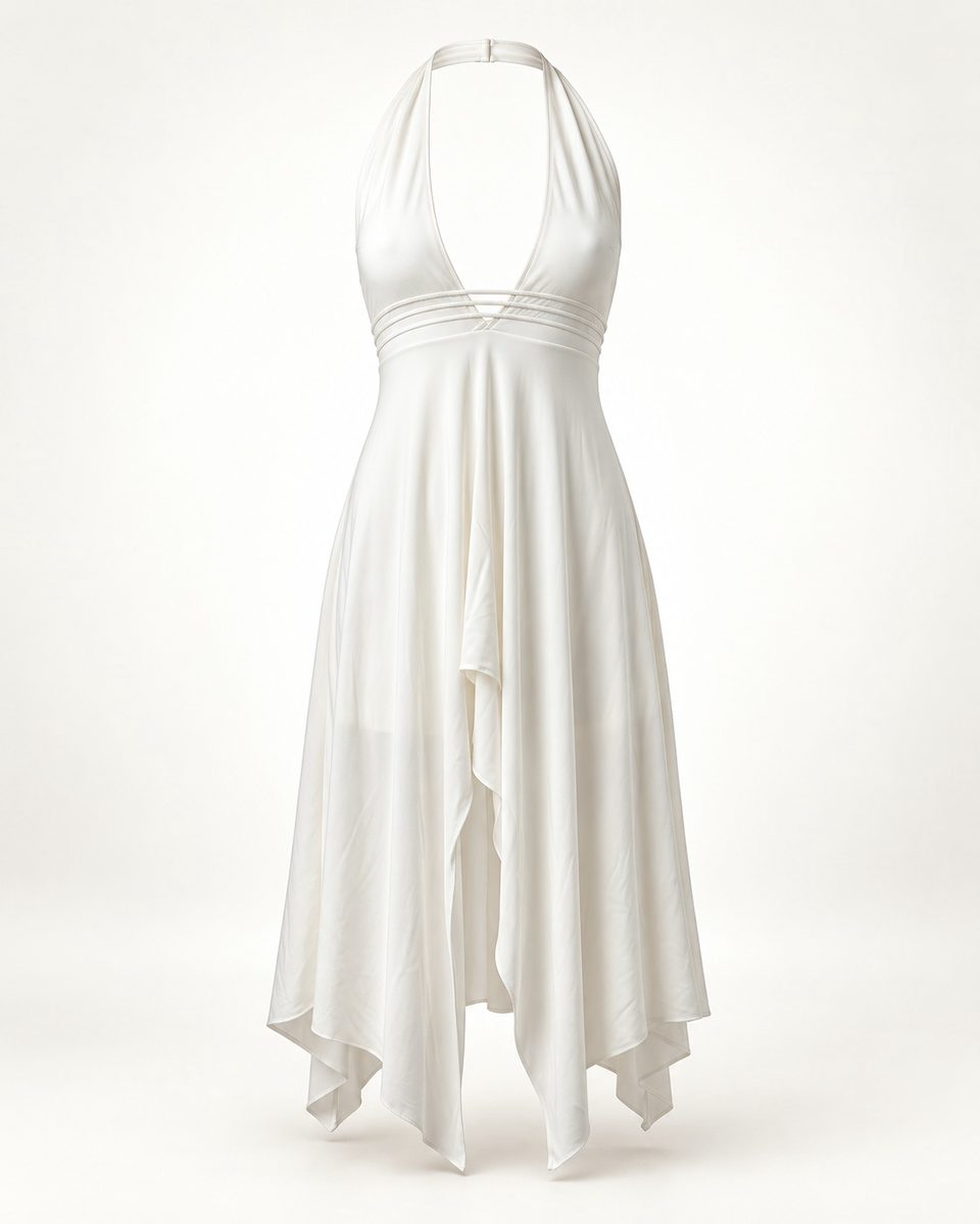 Halter draped dress in ivory, front view