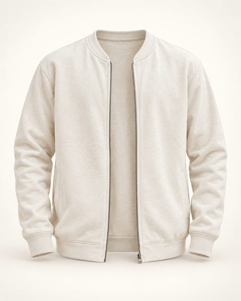 Zip bomber jacket in ivory, front view
