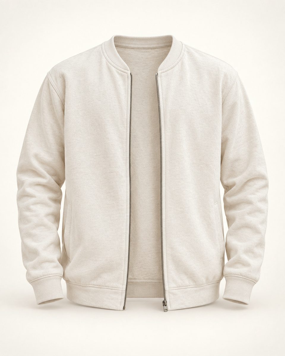 Zip bomber jacket in ivory, front view