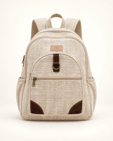 Flap pocket backpack in natural, front view