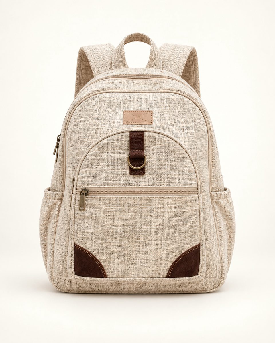 Flap pocket backpack in natural, front view