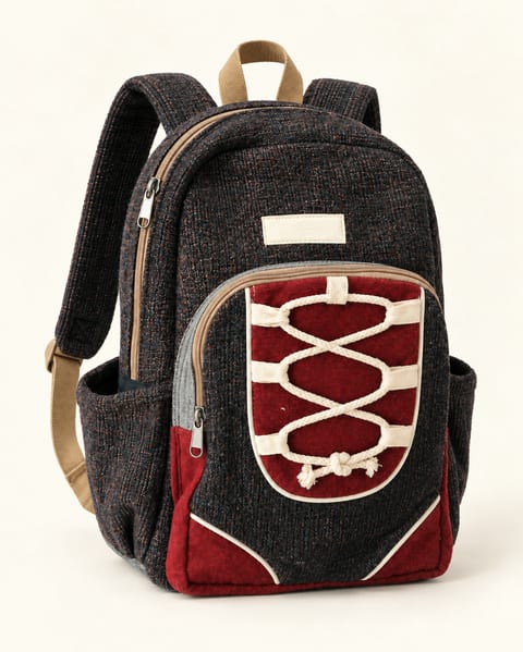 Graphic backpack in charcoal / red, front view