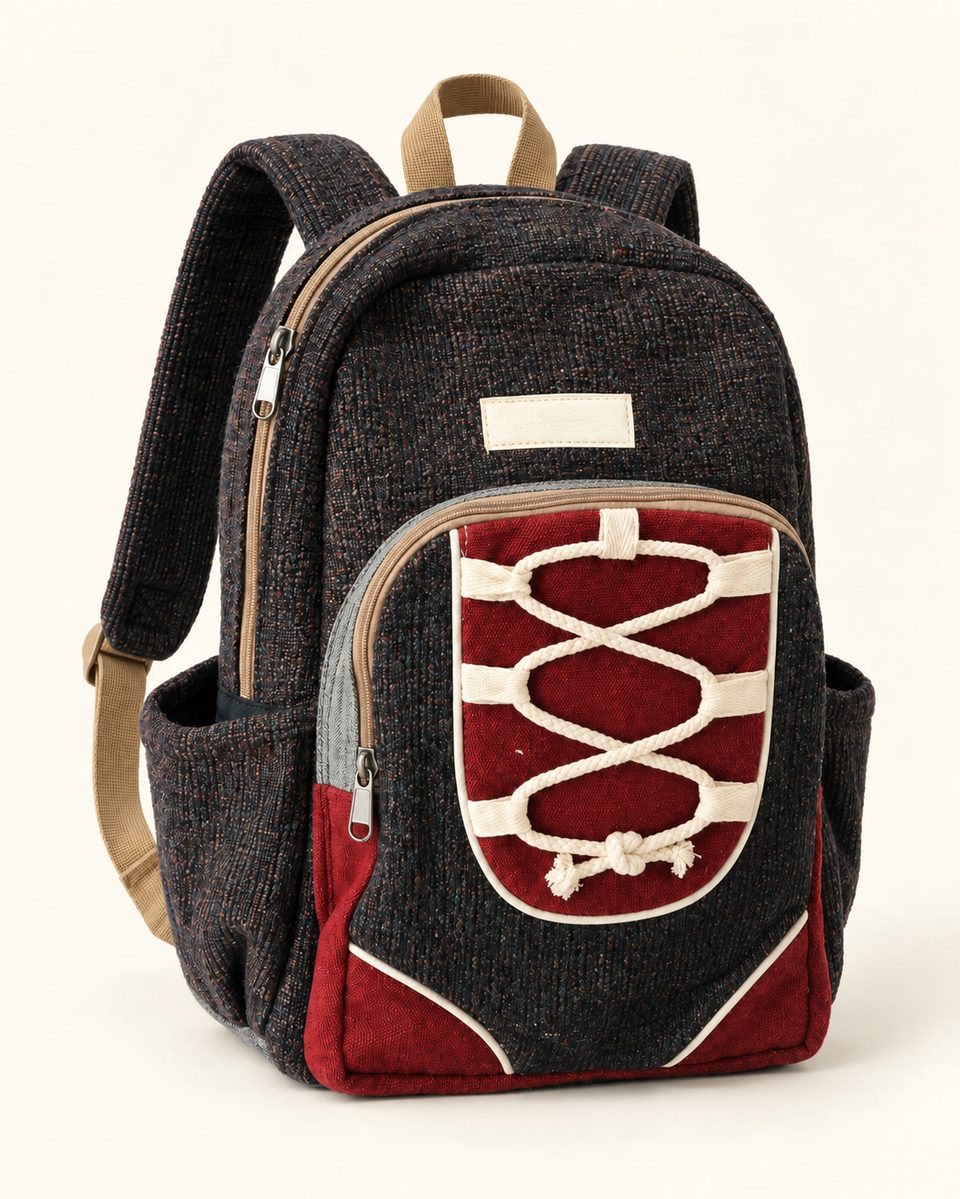 Graphic backpack in charcoal / red, front view