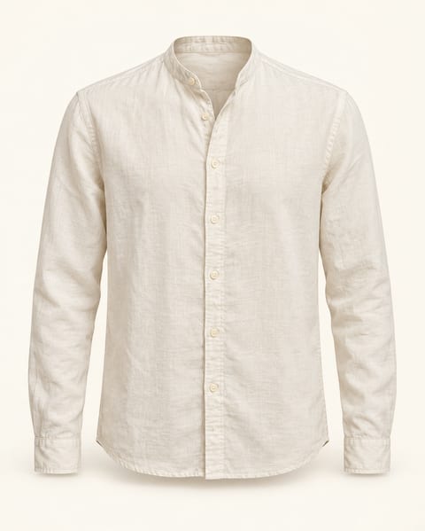 Mandarin collar long sleeve shirt in ivory, front view