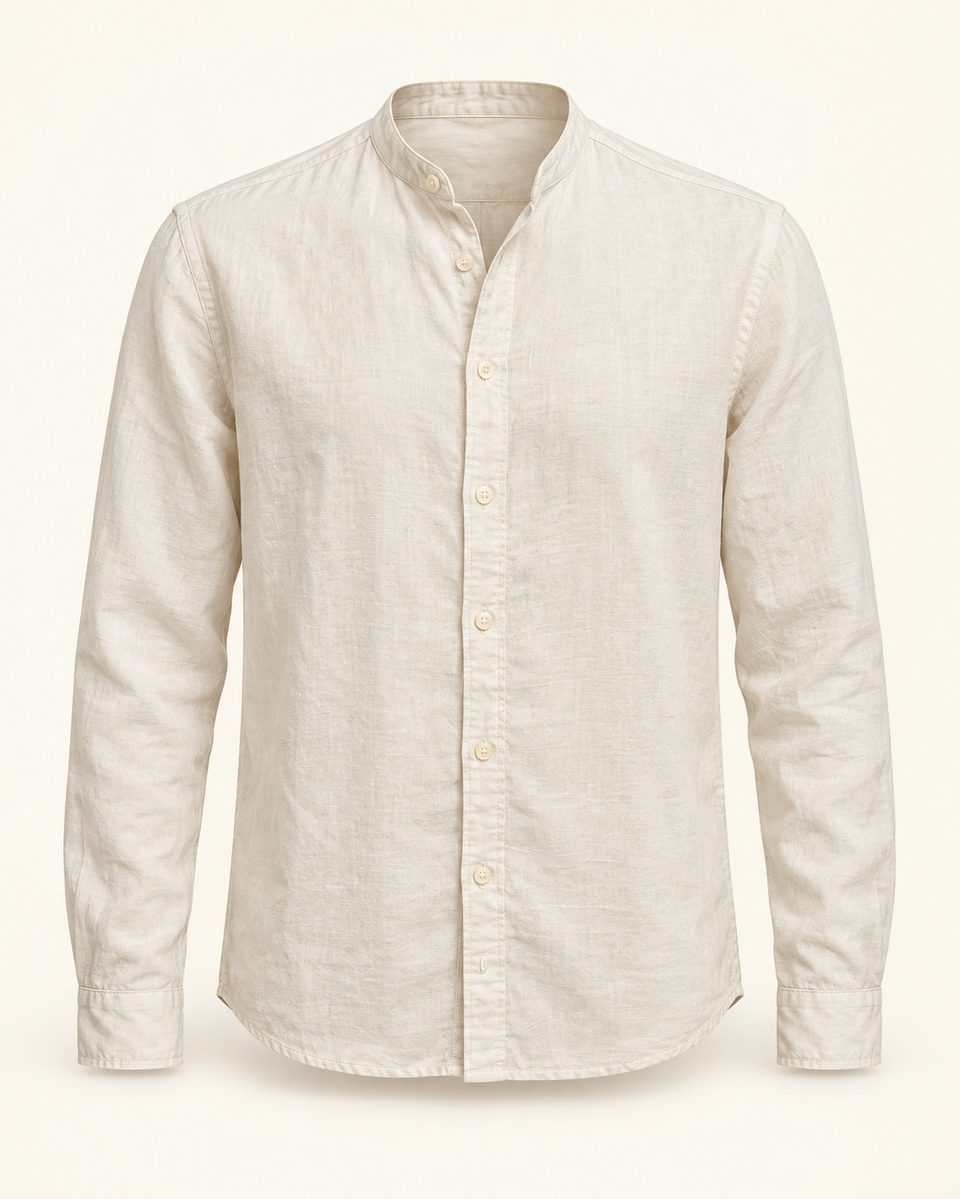 Mandarin collar long sleeve shirt in ivory, front view