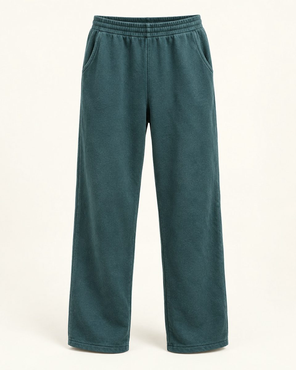 Relaxed wide leg trousers in teal, front view