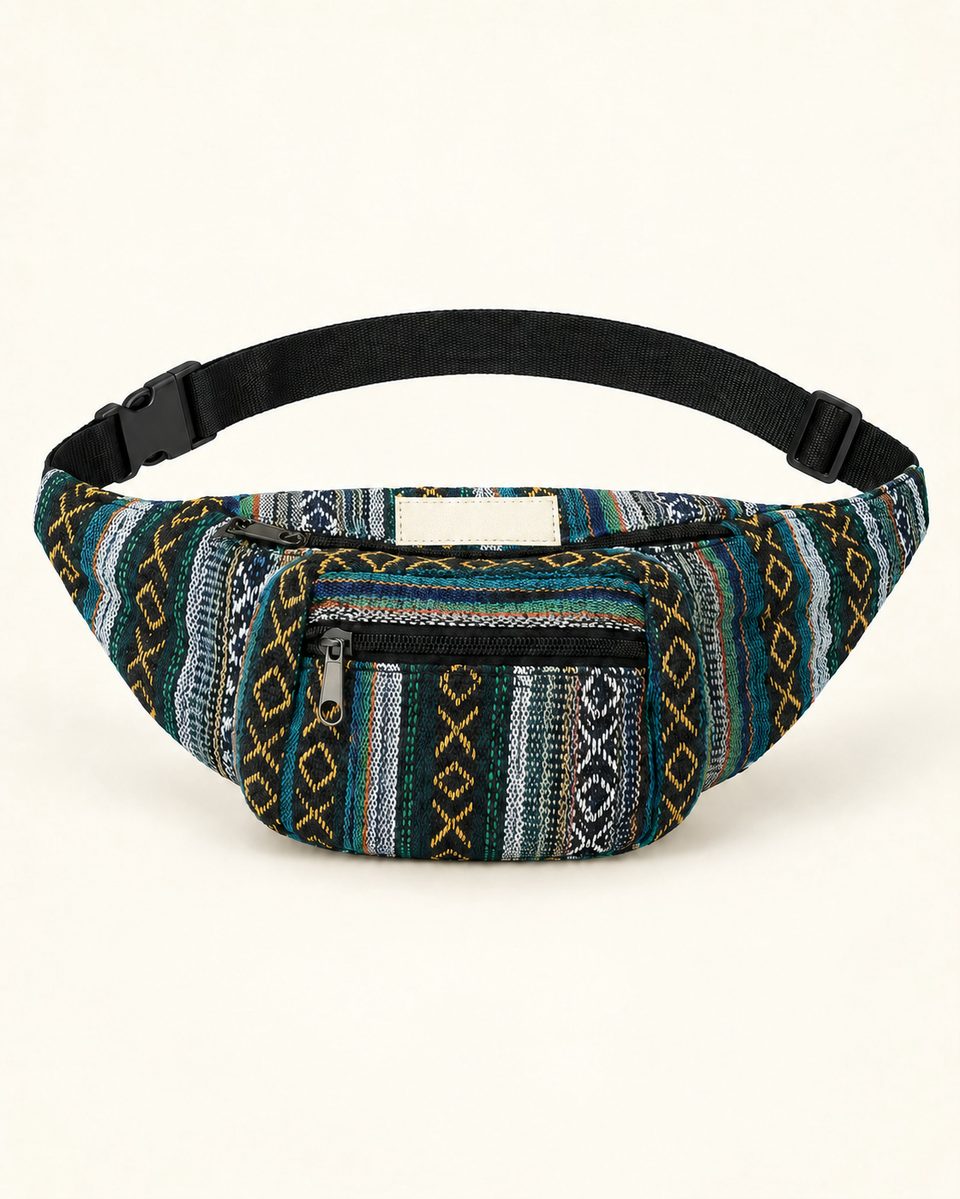 Geometric waist bag in blue, front view
