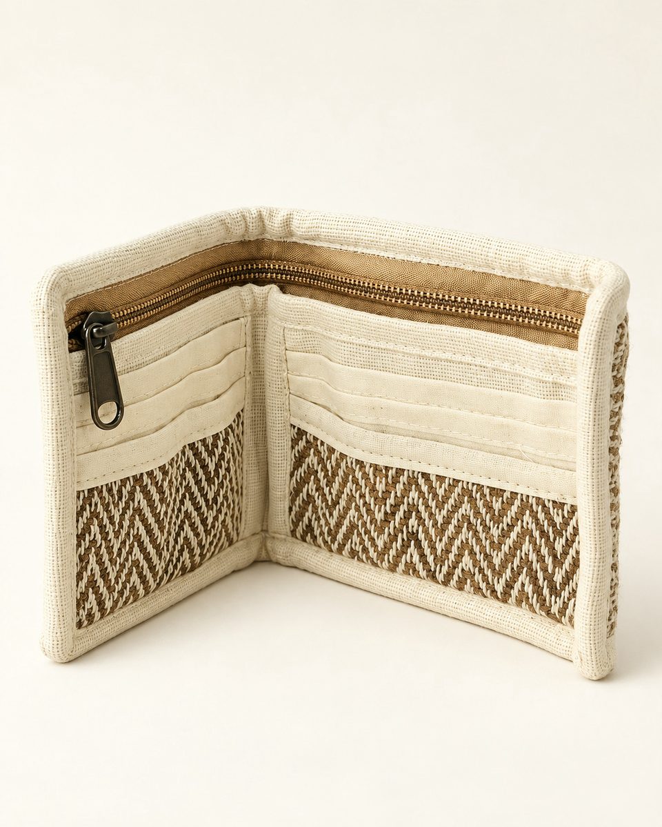 Herringbone bifold wallet in ivory / brown, front view, open