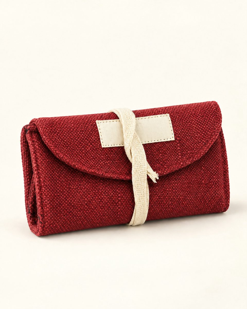 Ribbon roll pouch in burgundy, front view