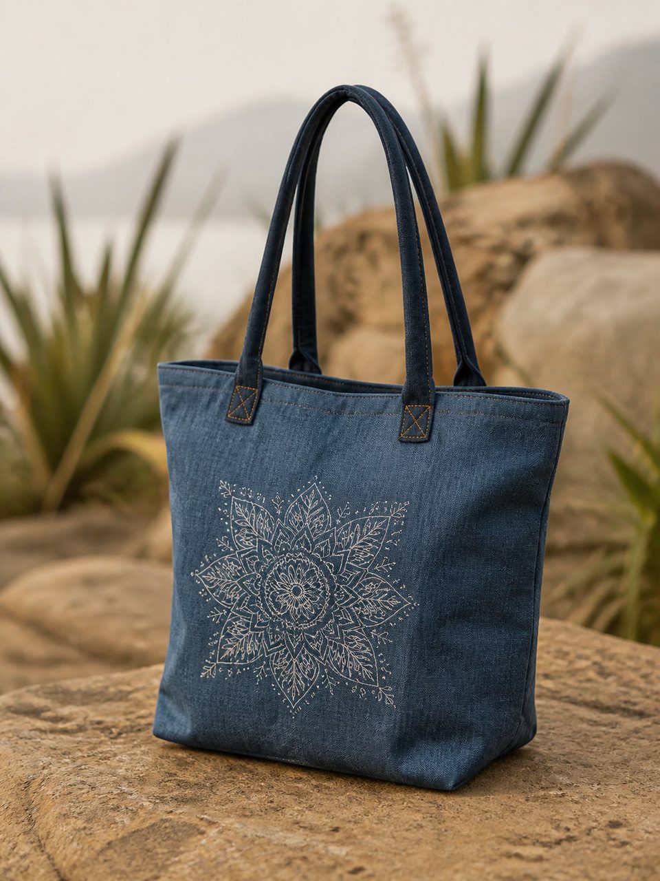 Indigo hemp tote with mandala detail