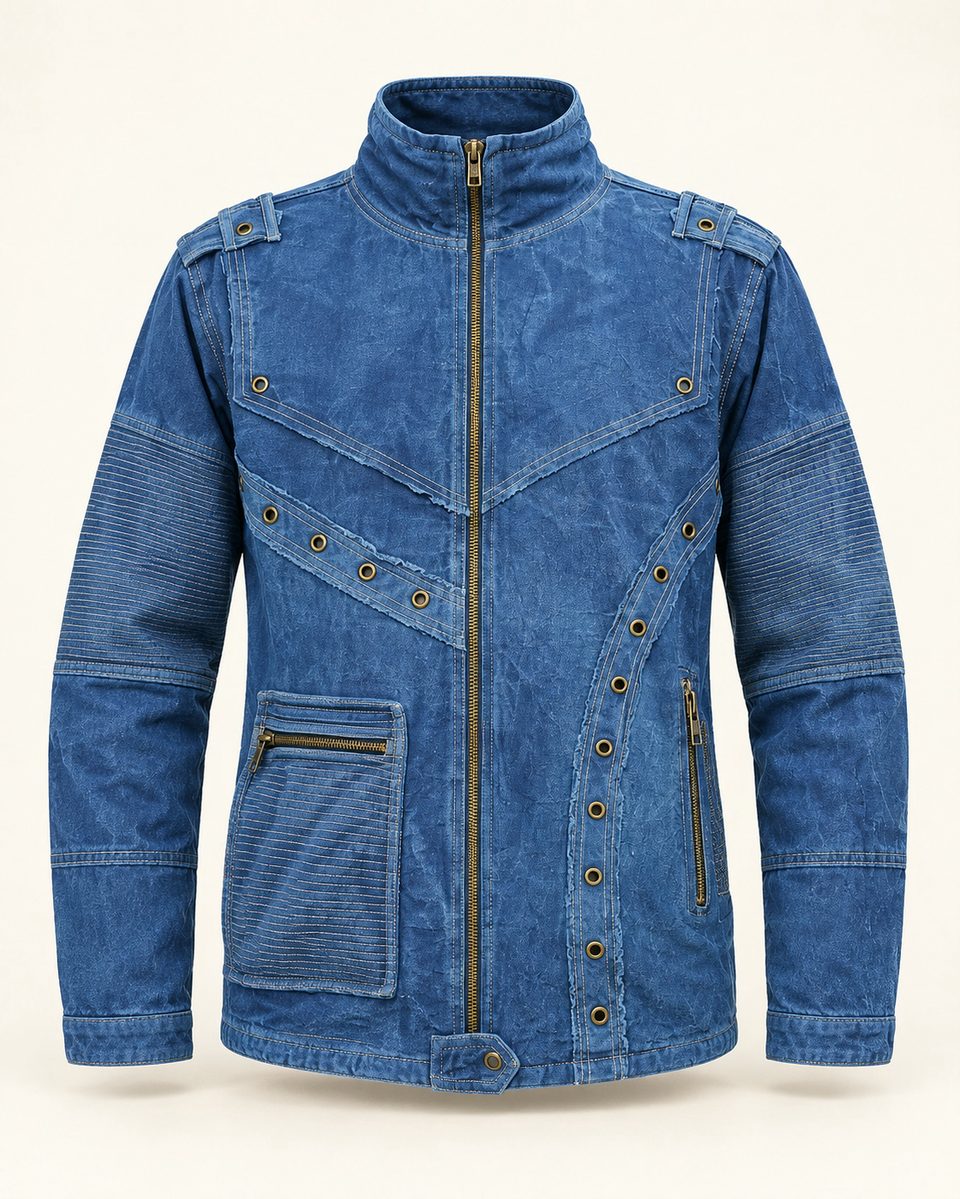Studded zip jacket in blue, front view