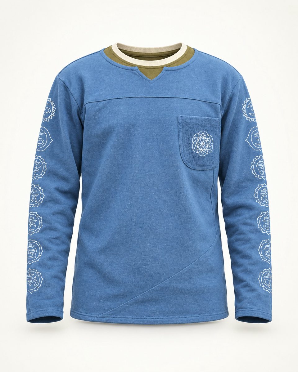 Mandala long sleeve tee in blue, front view
