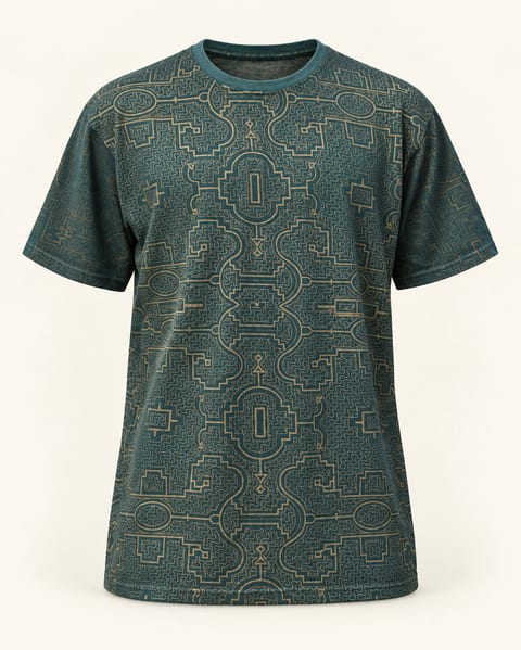 Geometric print tee in dark / teal, front view