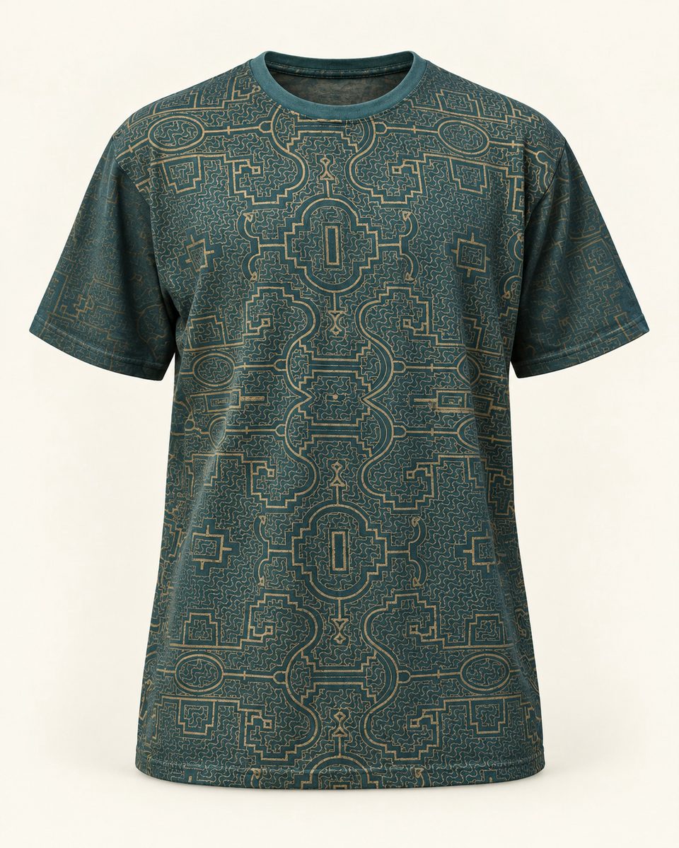 Geometric print tee in dark / teal, front view