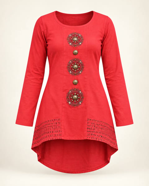 Floral high low tunic in red, front view