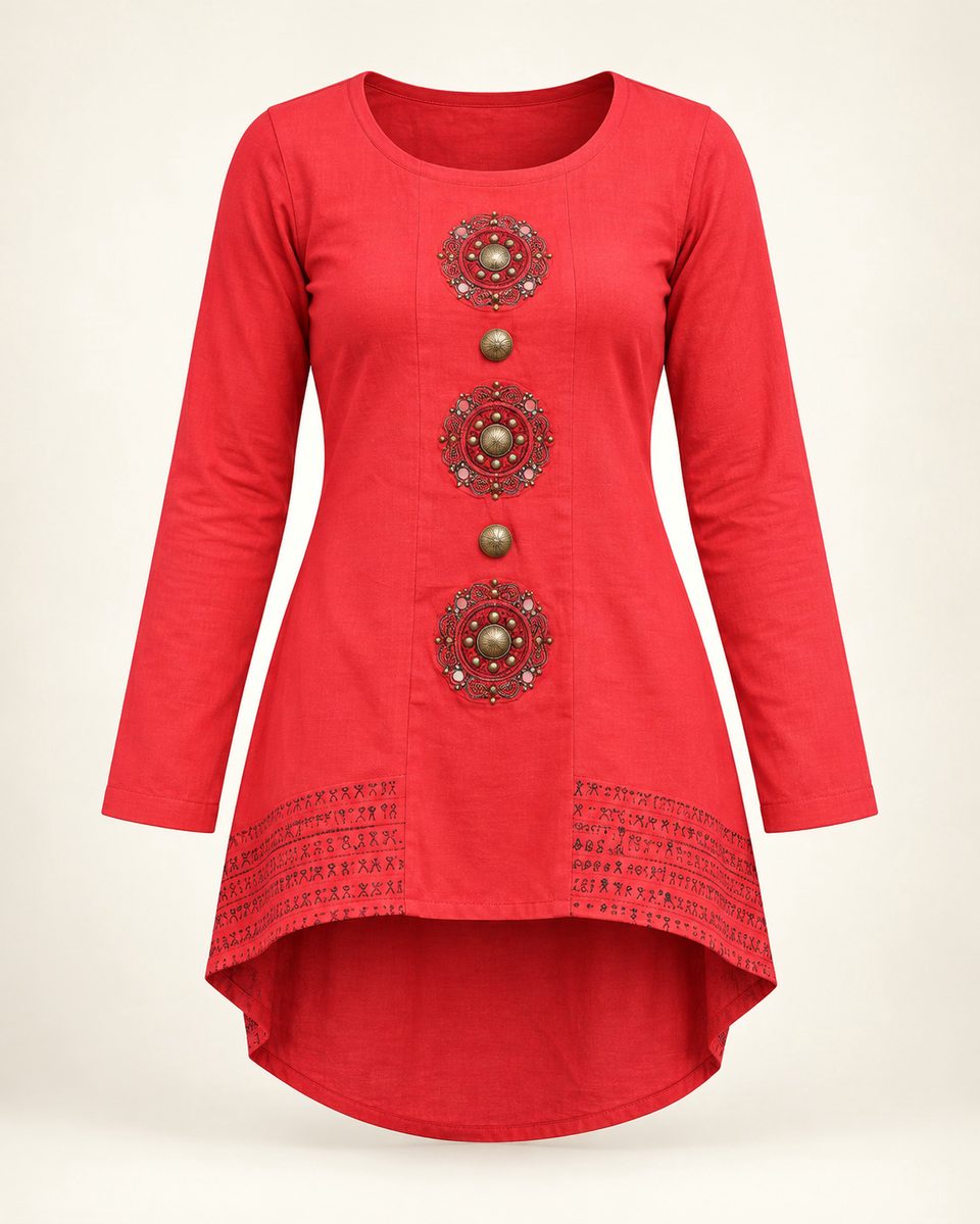 Floral high low tunic in red, front view