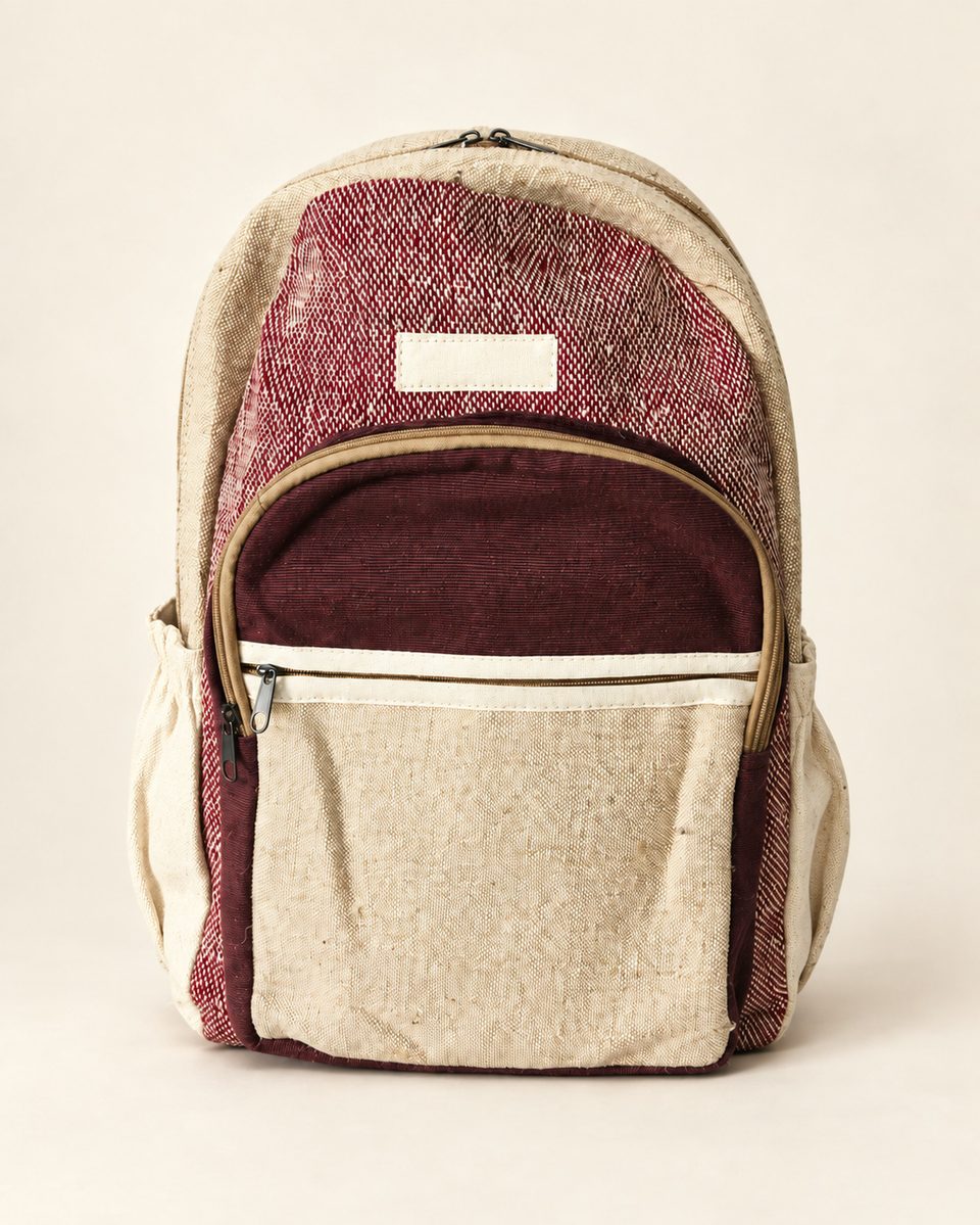 Front pocket backpack in maroon / cream, front view